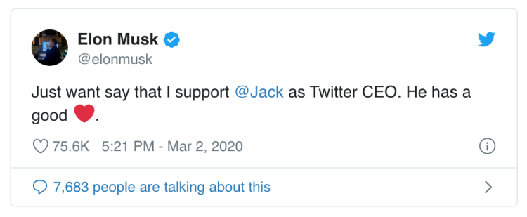 马斯克就曾经发推表示支持杰克继续成为Twitter的CEO